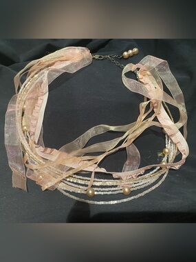 Artisan Made Peach Ribbon & Pearl Multi-Strand Necklace